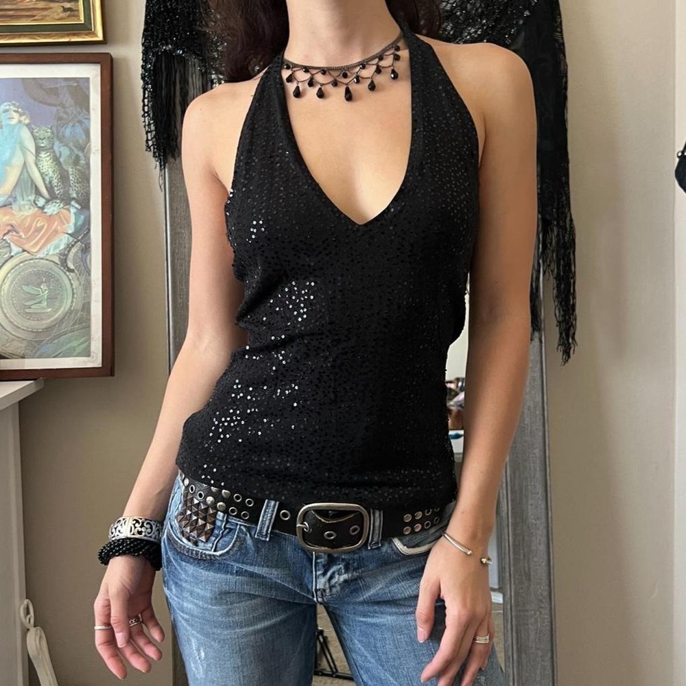 BCBG Black Sequined Silky Silk Knit Backless Halter Top Y2K 2000s Small